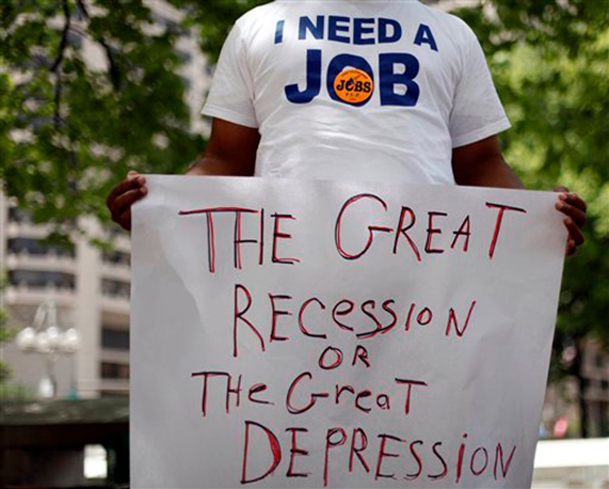 Frank Wallace who has been unemployed since May of 2009 is seen during a rally organized by the Philadelphia Unemployment Project, in Philadelphia, Wednesday, June 23, 2010. Initial claims for jobless benefits fell by the most in two months last week, but remain above levels consistent with healthy job growth. (AP Photo/Matt Rourke) (Matt Rourke)