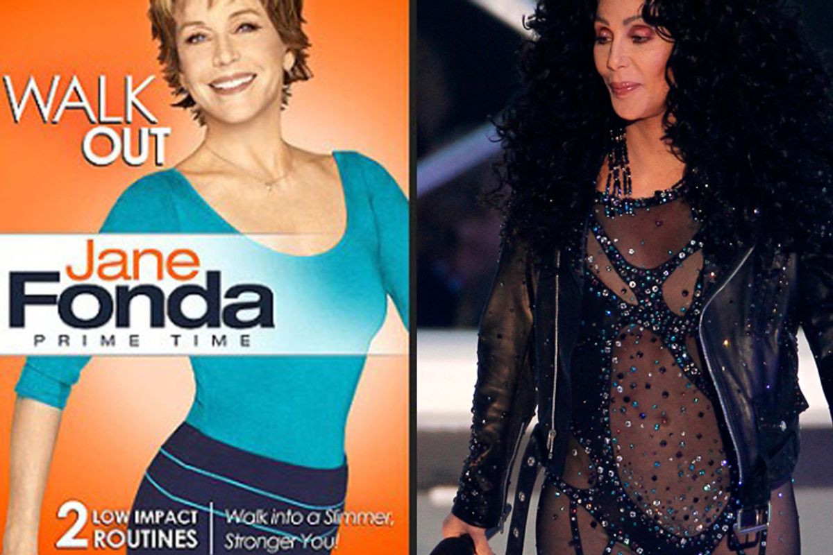 Jane Fonda's new workout tape (left) and Cher's appearance at the MTV Video Music Awards.