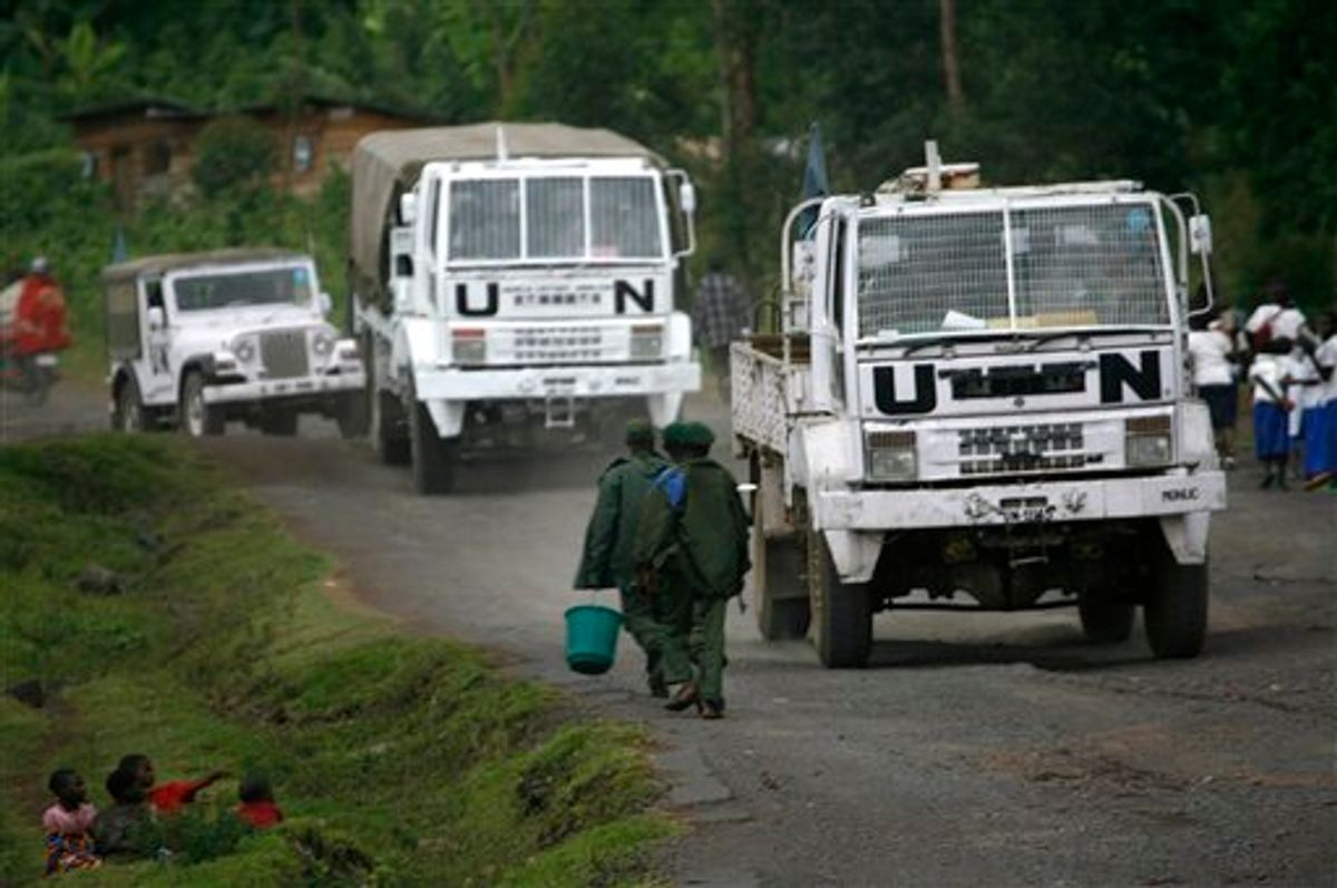 In this Nov. 21, 2008 file photo, United Nations MONUC peacekeepers ride towards Goma, in Kibati, eastern Congo. (AP)