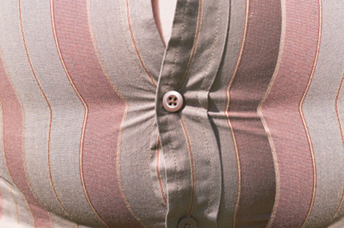 Fastened shirt over a fat stomach (Anthony Boulton)
