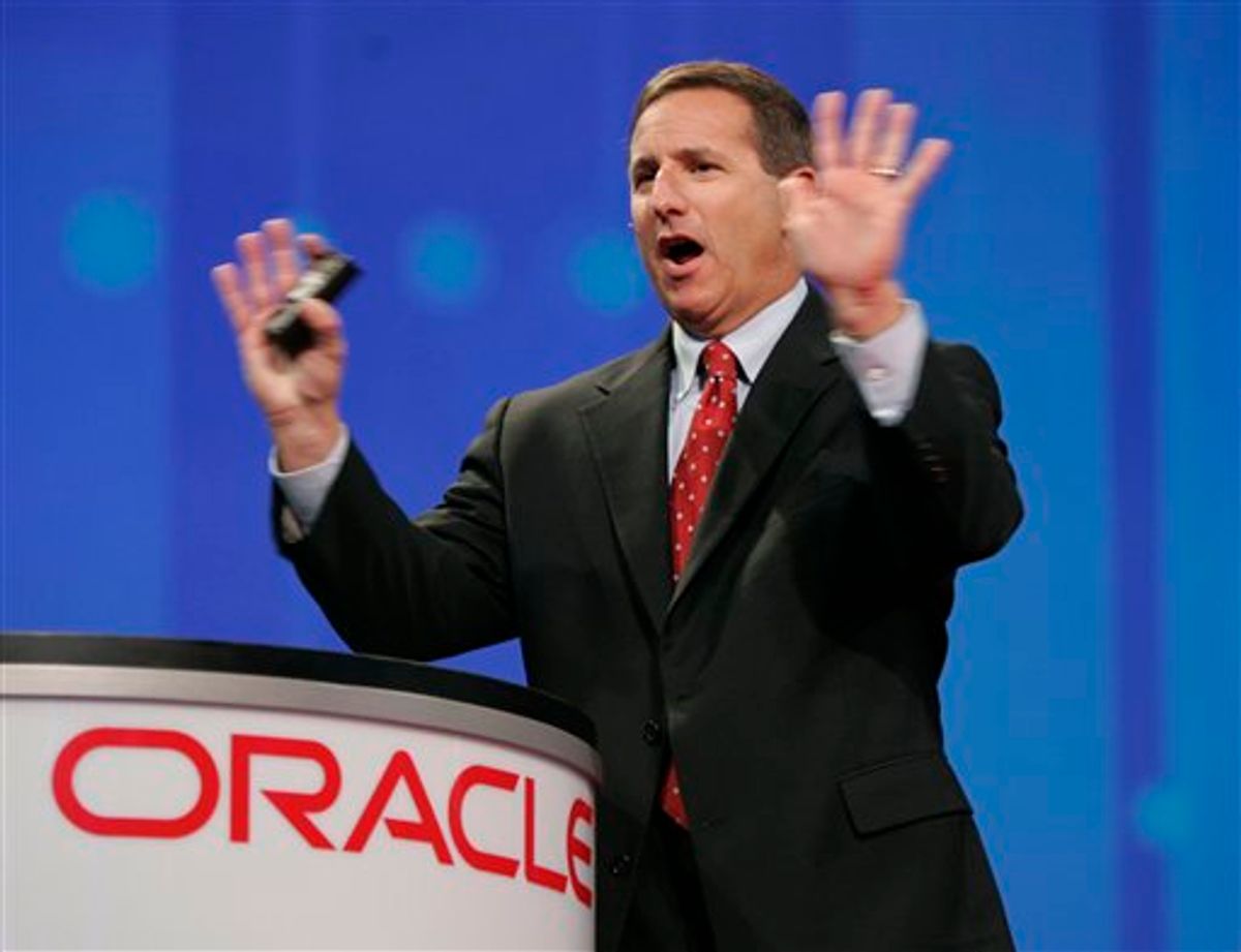 FILE - In this Oct. 24, 2006 file photo shows then, Hewlett Packard CEO Mark Hurd gestures during a keynote address at the Oracle Open World conference in San Francisco. Oracle Corp. has hired former Hewlett-Packard Co. CEO Mark Hurd to help lead the database software maker in a pivotal moment in Oracle's 33-year history as it tries to muscle in on more of HP's turf Monday, Sept. 6, 2010.(AP Photo/Paul Sakuma, file) (AP)
