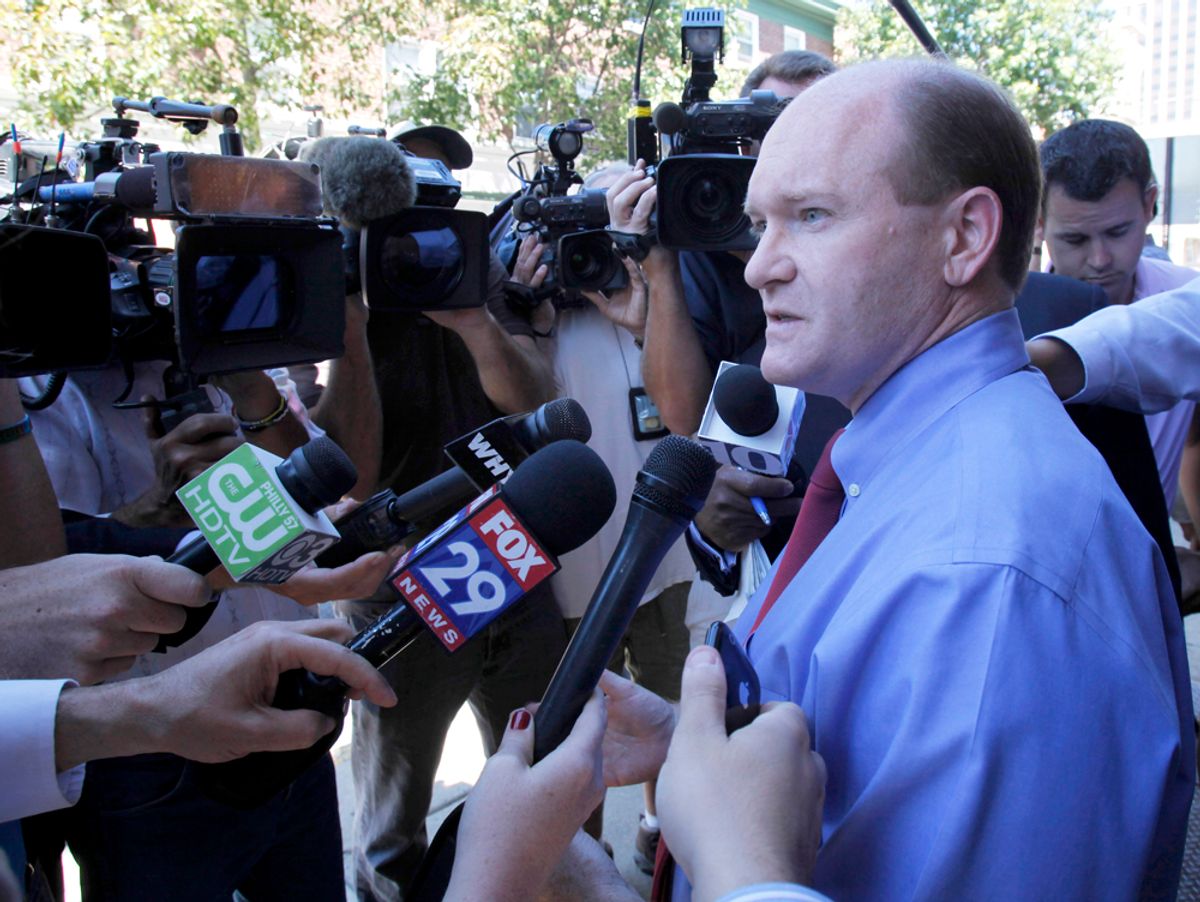 Delaware Democratic Senate candidate Chris Coons talks with reporters after a visit to Libby's Restaurant, Wednesday, Sept. 15, 2010, in Wilmington, Del. Coons will face Republican Christine O'Donnell in the November election. (AP Photo/Rob Carr)  (Rob Carr)