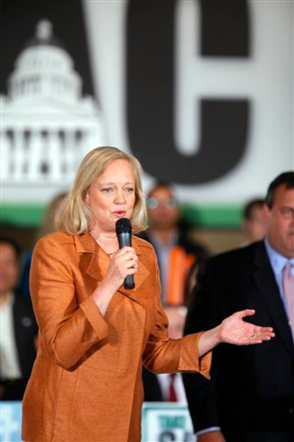 Meg Whitman, Republican nominee for Governor, holds a campaign event with New Jersey Governor Chris Christie, right, on Wednesday, Sept. 22, 2010, in Los Angeles. (AP Photo/Damian Dovarganes)    (AP)