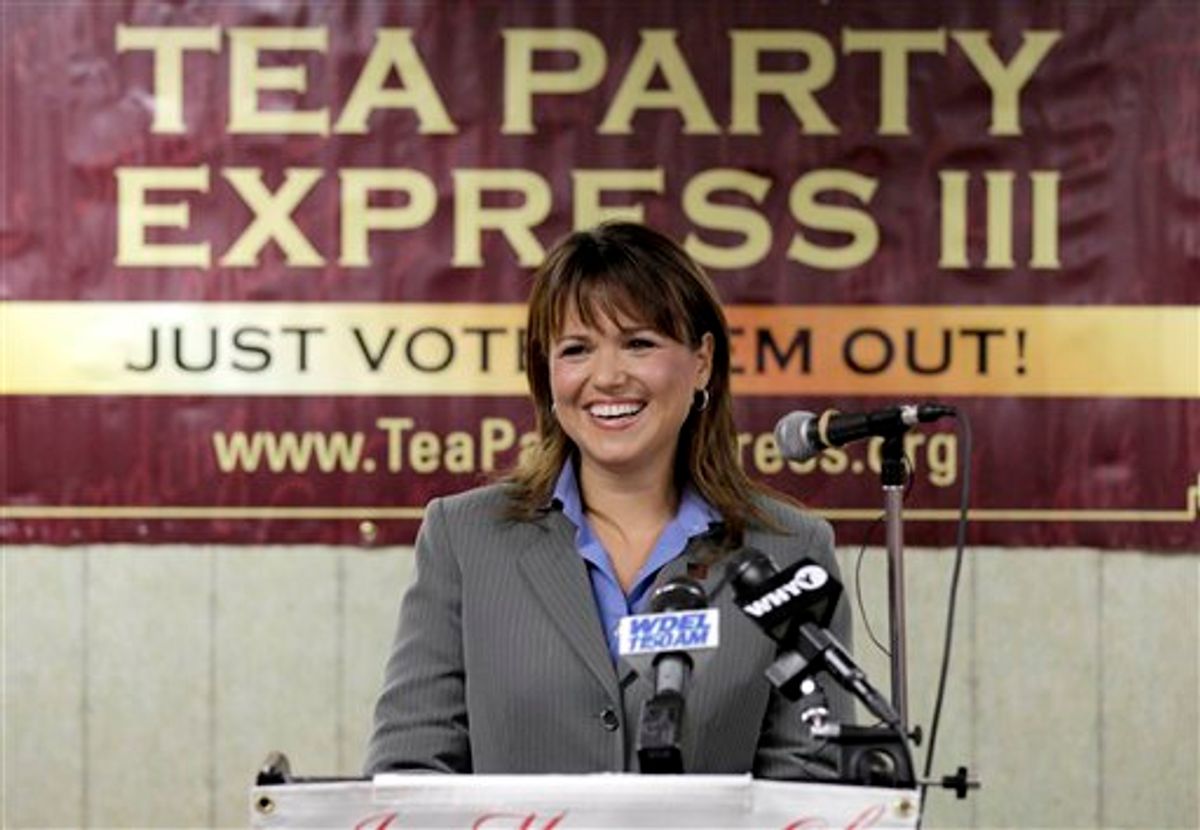 Delaware Republican Senate candidate Christine O'Donnell, addresses supporters during a Tea Party Express news conference in support of her election bid, in Wilmington, Del., in this photo taken Tuesday, Sept. 7, 2010. O'Donnell line kicks with her tea party backers, who hope this display of irrational exuberance translates into votes in Tuesday, Senate primary. She faces the full force of the Republican establishment in her bid to seize the nomination from Rep. Mike Castle, R-Del. (AP Photo/Rob Carr) (AP)
