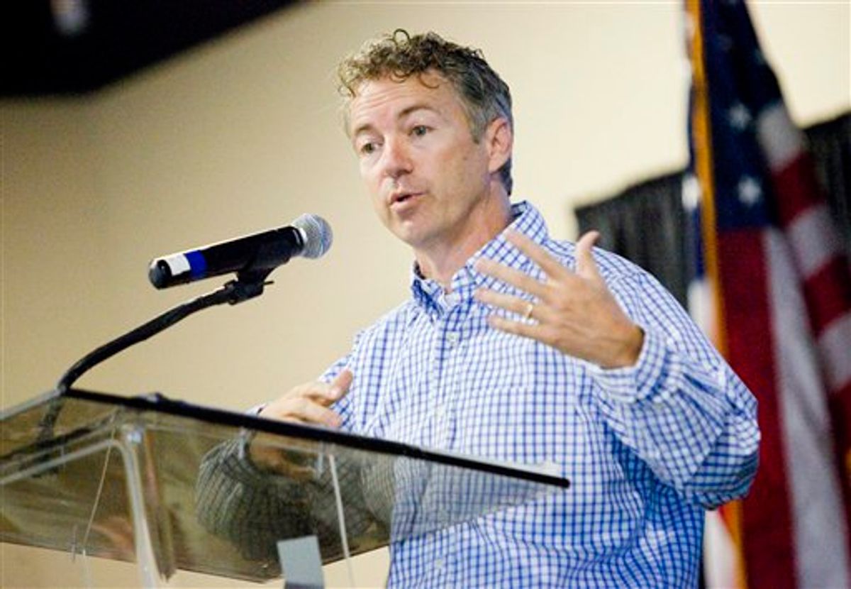 Republican candidate of U.S. Senate Dr. Rand Paul, R-Bowling Green, speaks at the Southern Kentucky Tea Party rally Sunday, Sept. 12, 2010 at the National Corvette Museum convention hall in Bowling Green, Ky. (AP Photo/Daily News, Alex Slitz) (AP)