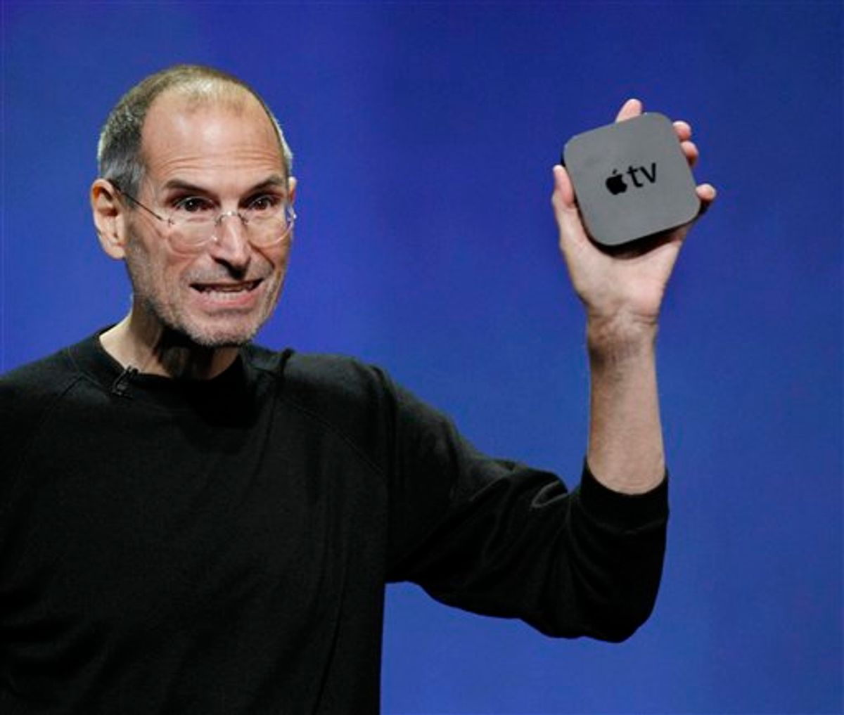 Apple CEO Steve Jobs displays the new AppleTV at news conference in San Francisco, Wednesday, Sept. 1, 2010. (AP Photo/Paul Sakuma)  (AP)