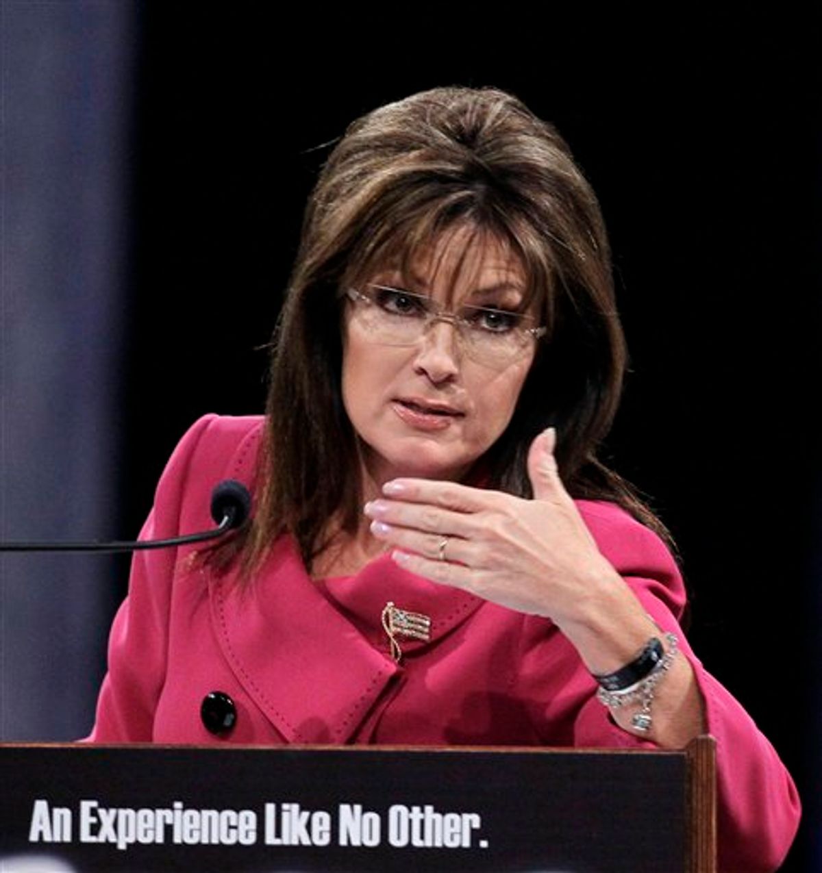 Former Republican vice presidential candidate Sarah Palin gestures while addressing the National Quartet Convention in Louisville, Ky., Thursday, Sept. 16, 2010.  (AP Photo/Ed Reinke) (AP)