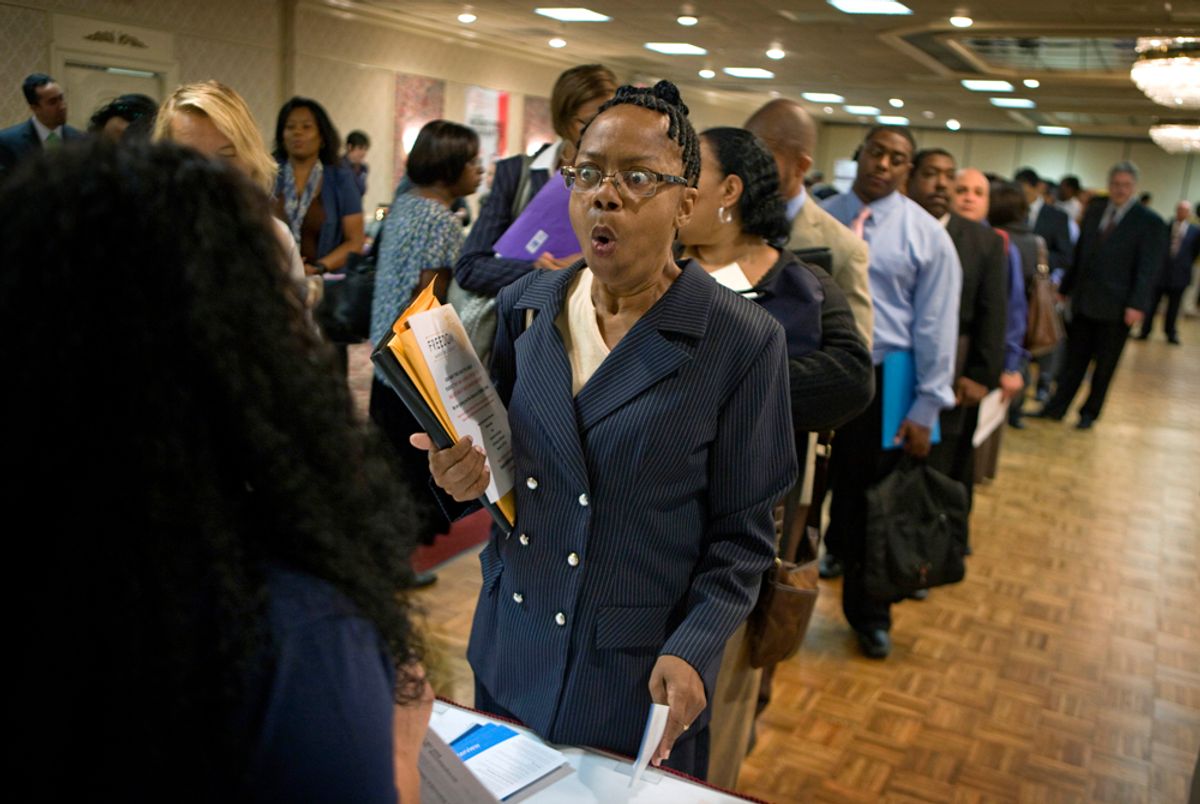 Dabura Karriem, 60, of Bloomfield, N.J., reacts upon hearing there is a job available for exactly what she's looking for as a file clerk at a bank, while attending a career fair in Newark, N.J., Tuesday, Aug. 24, 2010. Karriem's unemployment benefits have expired after being laid off two years ago, the first time she's been unemployed in 38 years. The government on Friday Aug. 27, 2010 is about to confirm what many people have felt for some time: The economy barely has a pulse.  Many analysts say the uncertainty surrounding the economy is holding back consumers from spending and companies from investing and hiring. (AP Photo/David Goldman) (David Goldman)