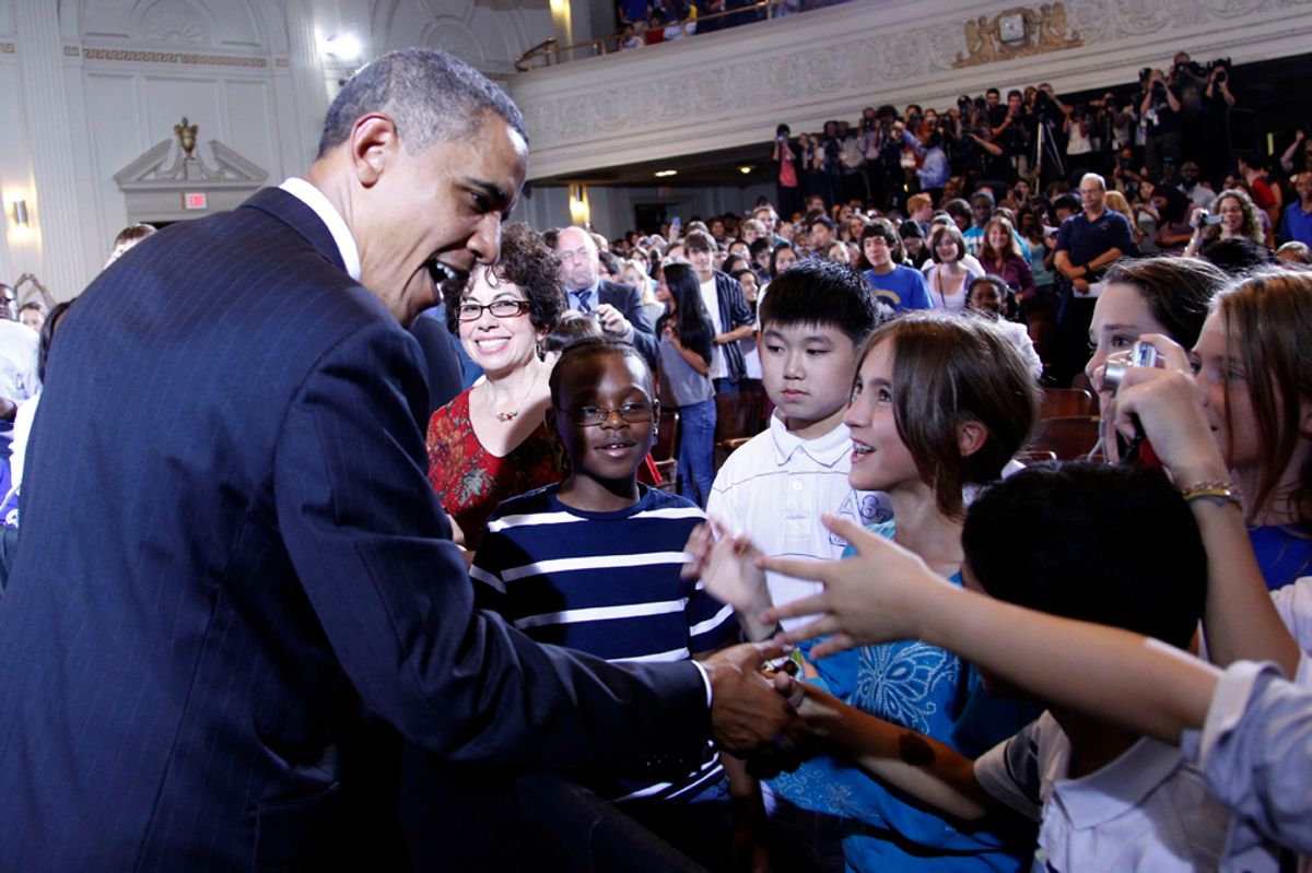 President Barack Obama shakes hands with students after delivering remarks at his second annual back-to-school speech, Tuesday, Sept. 14, 2010, at Julia R. Masterman School in Philadelphia. (AP Photo/Pablo Martinez Monsivais) (Pablo Martinez Monsivais)