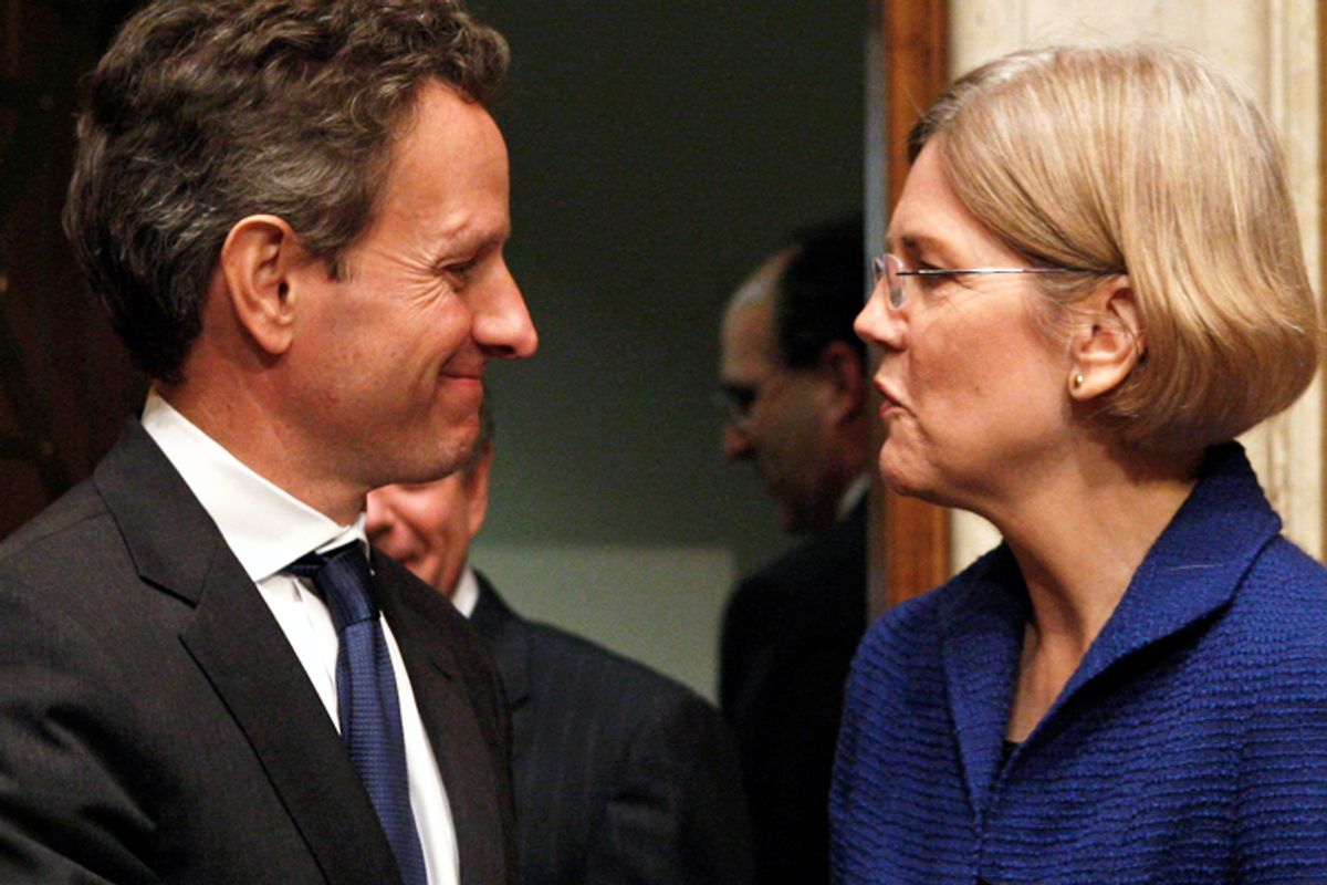 Treasury Secretary Timothy Geithner and Elizabeth Warren      