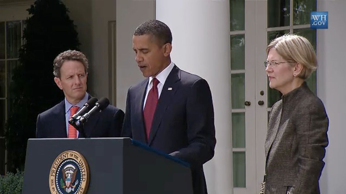 Treasury Secretary Timothy Geithner, President Barack Obama, and Elizabeth Warren   