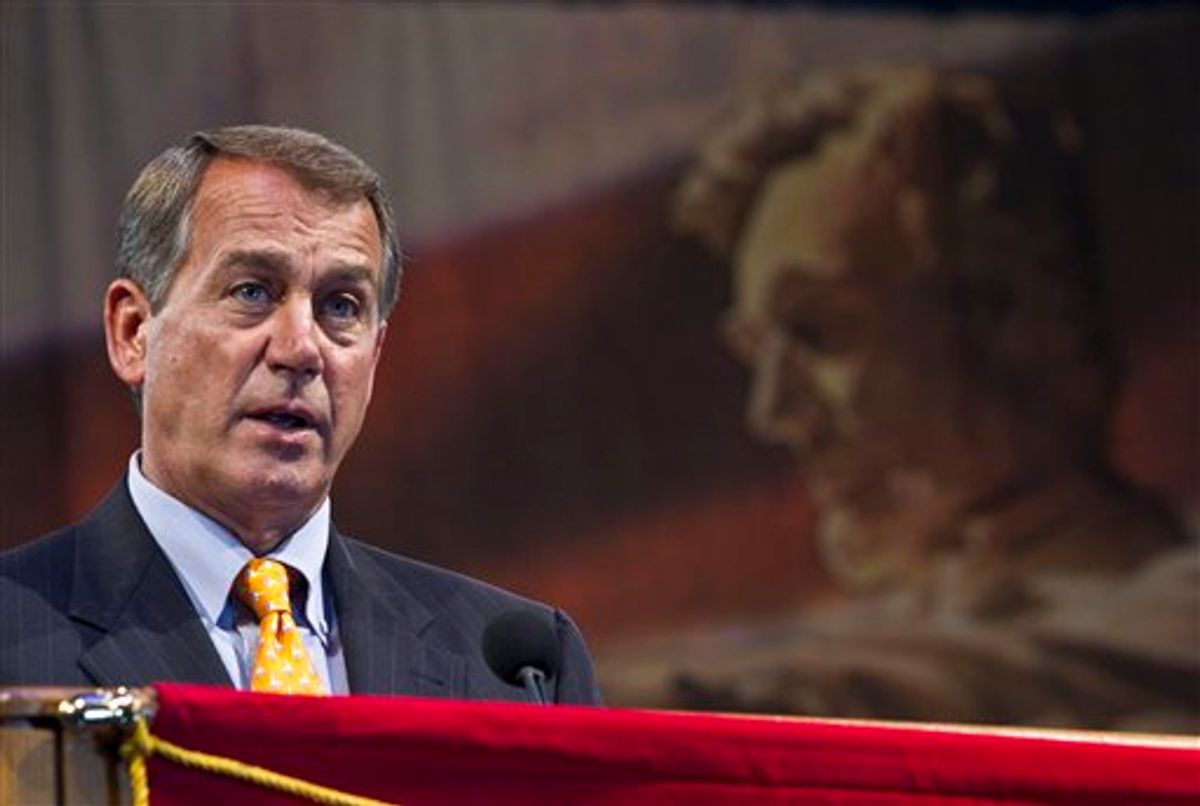 House Republican leader John Boehner speaks at the American Legion convention Tuesday, Aug. 31, 2010, in Milwaukee. (AP Photo/Morry Gash) (AP)