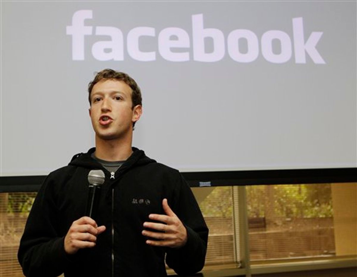 Facebook CEO Mark Zuckerberg talks about the social network site's new privacy settings in Palo Alto, Calif., Wednesday, May 26, 2010. (AP Photo/Marcio Jose Sanchez)  (AP)