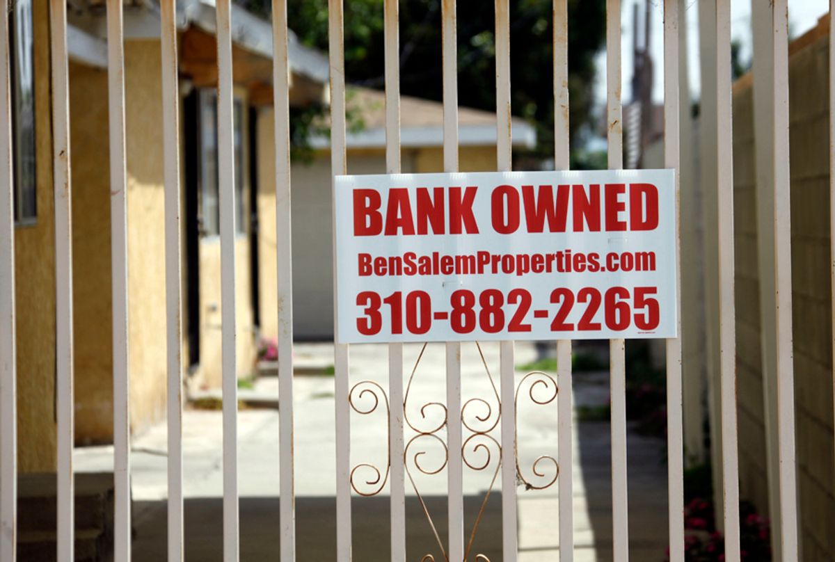 A "bank owned" sign is seen on a home that is listed as a foreclosure on a HUD website, in Hawthorne, Calif., Wednesday, July 21, 2010. Mortgage default notices for California homeowners have fallen to a three-year low after a fifth straight quarterly decline as conditions improved in more affordable, foreclosure-battered markets, a research firm reported Wednesday. (AP Photo/Reed Saxon) (Reed Saxon)