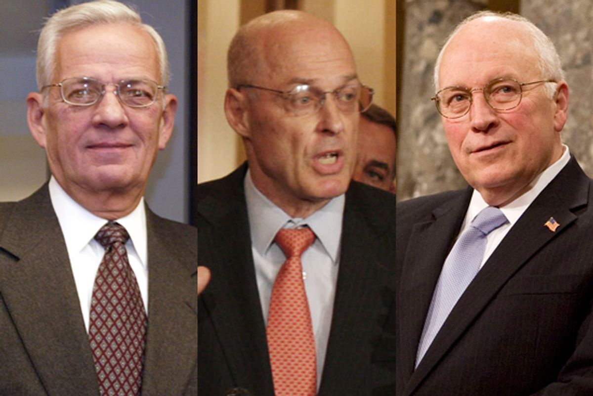 Former CEOs Paul O'Neill, Hank Paulson, and Dick Cheney