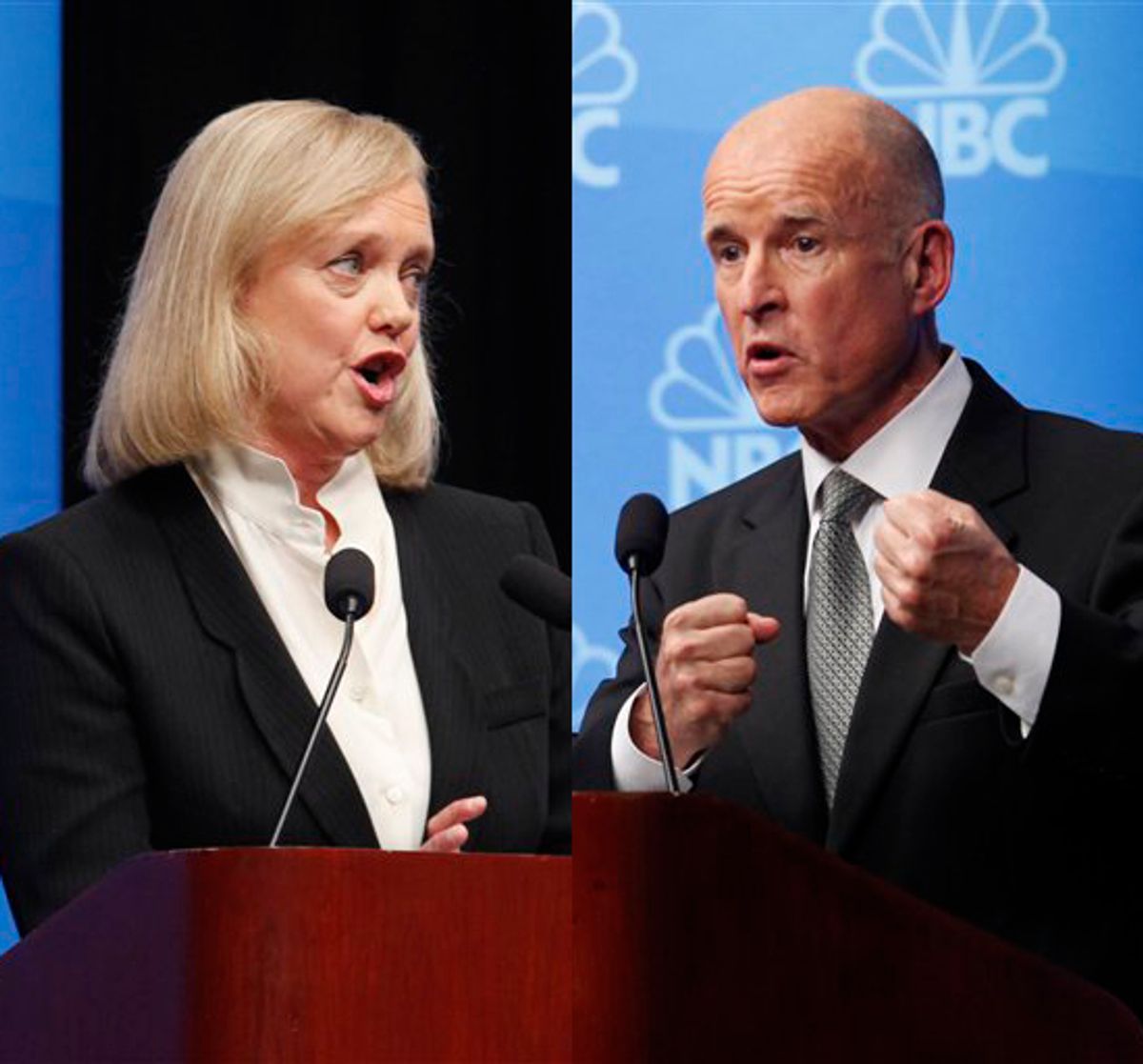 Republican Meg Whitman debates against Democrat Jerry Brown at Dominican University of California in San Rafael, Calif., Tuesday, Oct. 12, 2010 for their third and final debate. Brown is California Attorney General. Whitman is former CEO of eBay. (AP Photo/Rich Pedroncelli, pool) (Rich Pedroncelli)