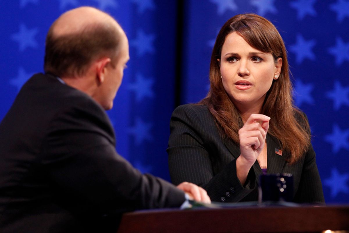 Republican candidate Christine O'Donnell responds to Democratic candidate Chris Coons during a televised Delaware Senate debate at the University of Delaware in Newark, Del., Wednesday, Oct. 13, 2010. (AP Photo/Jacquelyn Martin, Pool)  (Jacquelyn Martin)