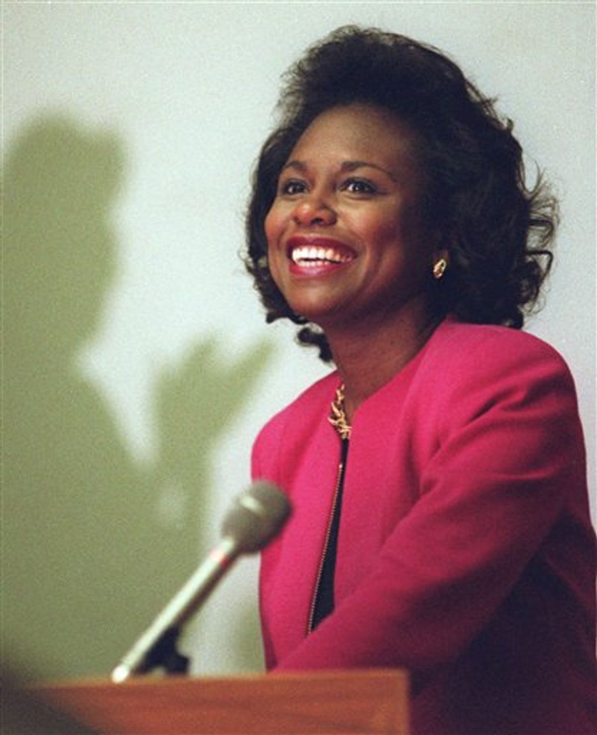 FILE - In this April 8, 1993, file photo, Anita Hill is seen in Cambridge, Mass. Virginia Thomas, wife of Supreme Court Justice Clarence Thomas is asking Hill to apologize for accusing the justice of sexually harassing her, 19 years after Thomas' confirmation hearing spawned a national debate about harassment in the workplace.  (AP Photo/Susan Walsh) (AP)