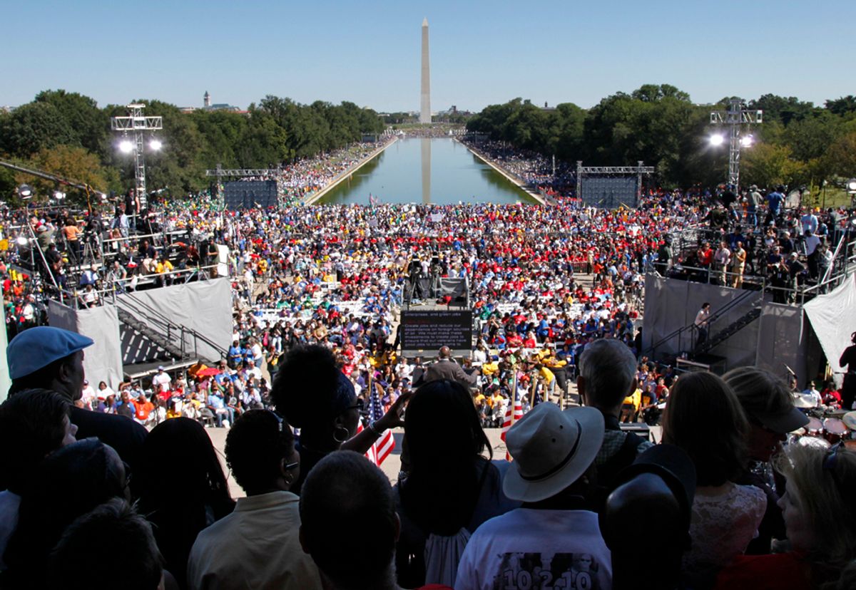 Activists gather at the Lincoln Memorial in the nation's capital to participate in the "One Nation Working Together" rally to promote job creation, diversity and tolerance, Saturday, Oct. 2, 2010, in Washington. (AP Photo/J. Scott Applewhite) (J. Scott Applewhite)