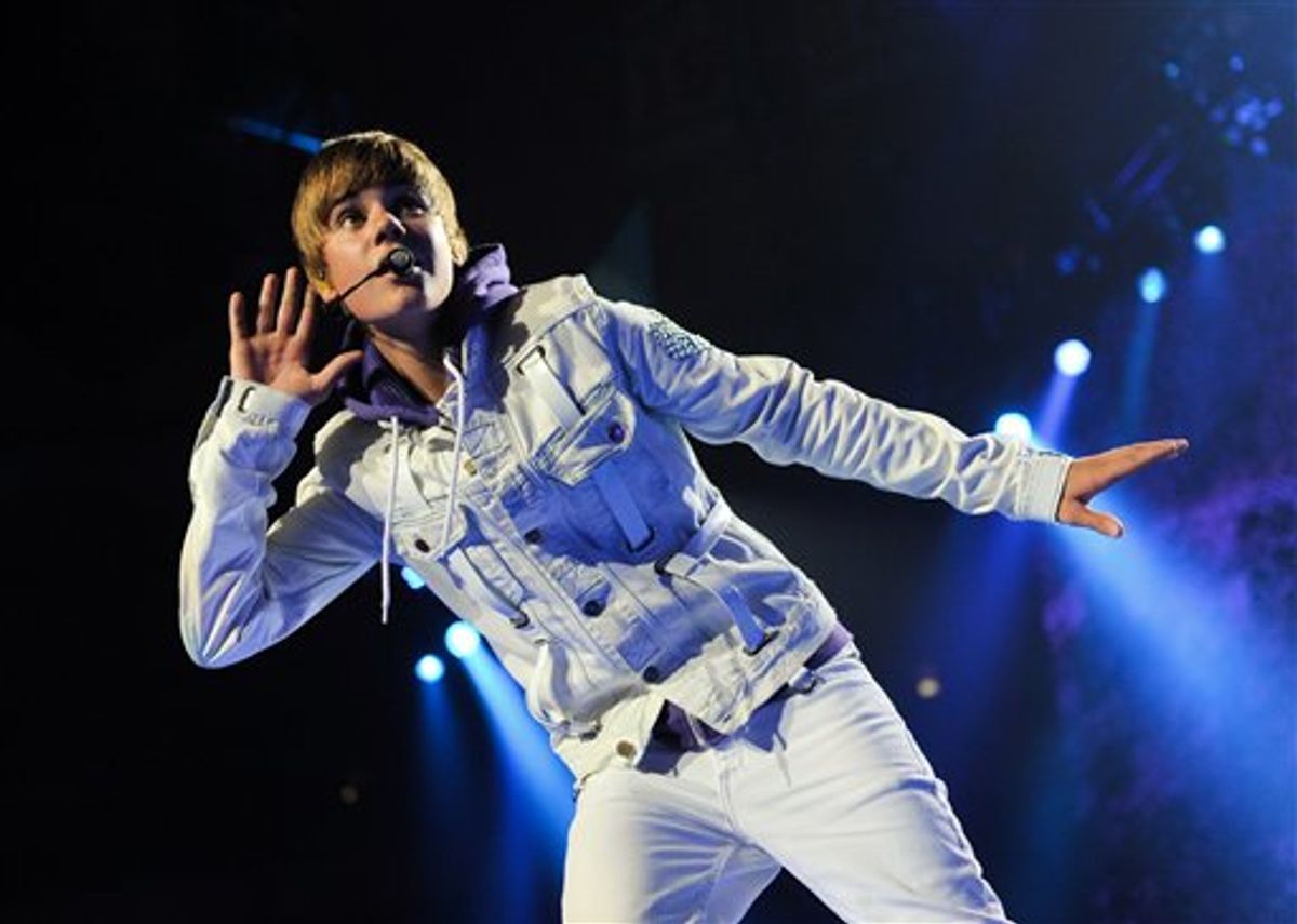 FILE - In this Aug. 31, 2010 file photo, singer Justin Bieber performs at Madison Square Garden in New York. (AP Photo/Evan Agostini, file) (AP)