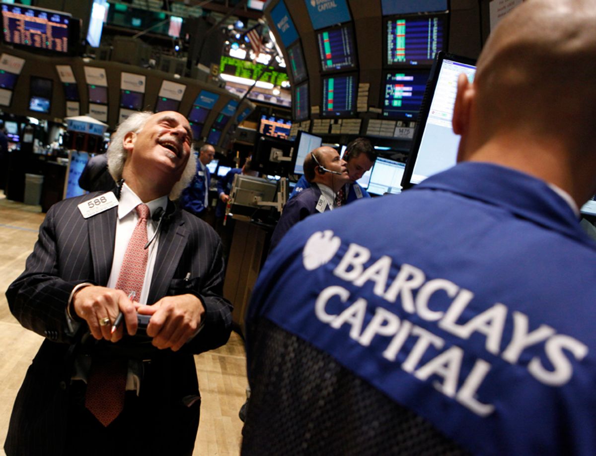Trader Peter Tuchman shares a laugh with a specialist trader from Barclays Capital on the floor of the New York Stock Exchange June 11, 2010. U.S. stocks rose in a late rally on Friday as a strong forecast from a chip maker lifted tech shares and helped alleviate concerns about the economy's health after an unexpected drop in retail sales.        REUTERS/Brendan McDermid (UNITED STATES - Tags: BUSINESS IMAGES OF THE DAY)   (Â© Brendan Mcdermid / Reuters)