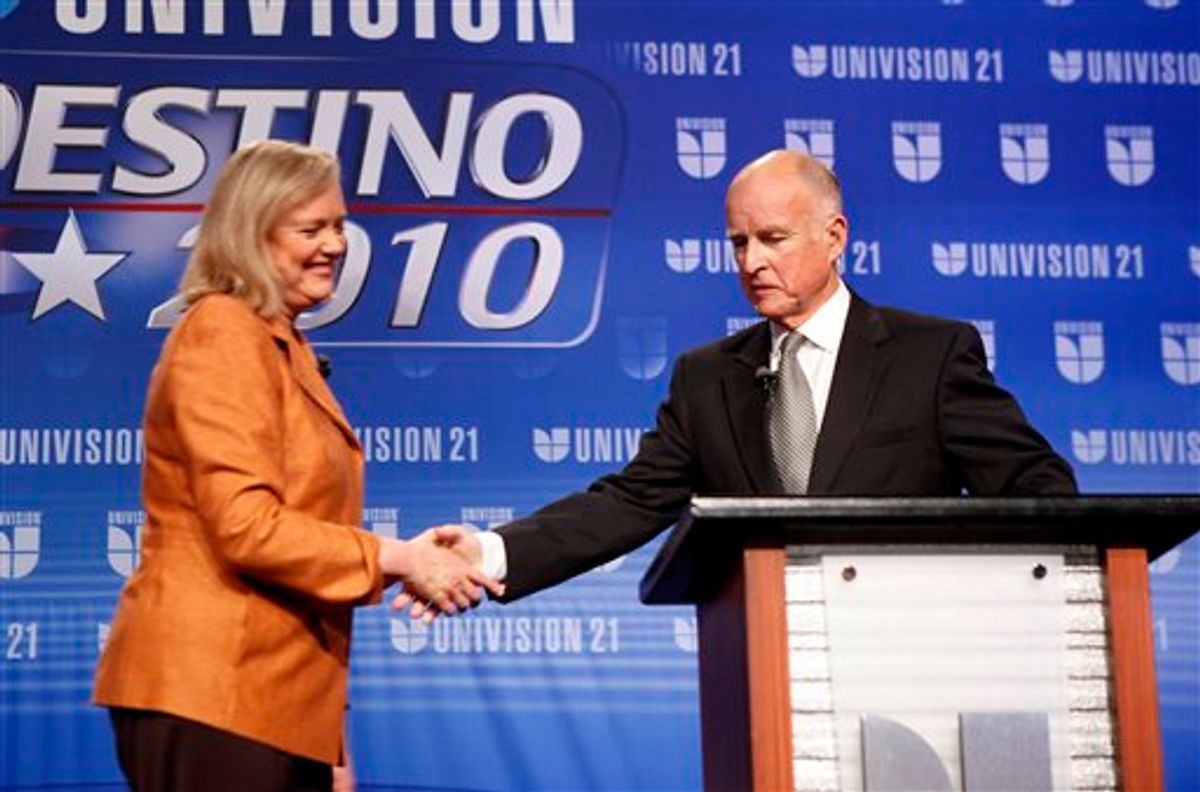 Republican gubernatorial candidate Meg Whitman, left, shakes hands with her Democratic opponent, Jerry Brown, before the start of their second debate held at California State University, Fresno in Fresno, Calif., Saturday, Oct. 2, 2010. (AP Photo/Rich Pedroncelli) (AP)