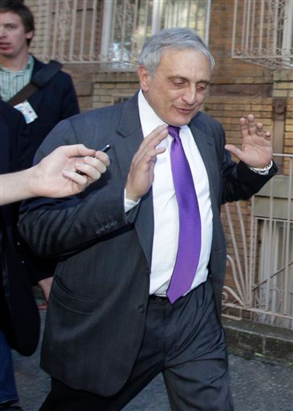 New York Republican gubernatorial candidate Carl Paladino gestures after a reporter's question about prior controversial remarks while campaigning in the Borough Park and Williamsburg sections of the Brooklyn borough of New York, Sunday, Oct. 10, 2010. (AP Photo/Kathy Willens) (AP)