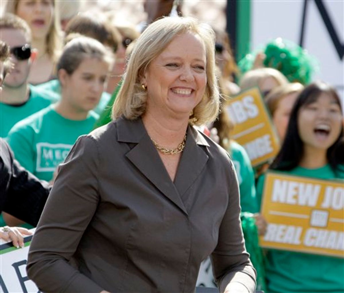 FILE - This Oct. 25, 2010 file photo shows California Republican gubernatorial candidate Meg Whitman at a campaign stop in Thousand Oaks, Calif. Whitman, conducting the most expensive campaign for governor in U.S. history _ nearly $172 million and counting _ is inundating California voters with an unprecedented array of TV and radio ads, glossy magazines, smartphone messages, Facebook videos, postcards and phone calls that will test how far a Republican dollar can go in a state Democrats call their own. (AP Photo/Reed Saxon, File) (AP)