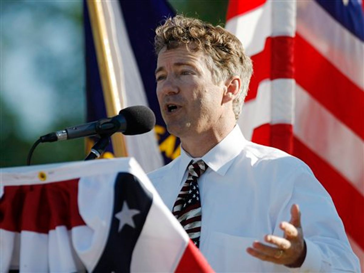 FILE - In this July 1, 2010, file photo, Republican U.S. Senate candidate Rand Paul address a tea party rally in Shepherdsville, Ky. Republicans are outraising Democrats in nearly a dozen open Senate races, increasing their hopes of dramatically narrowing the Democrats' majority in November. (AP Photo/Ed Reinke) (AP)