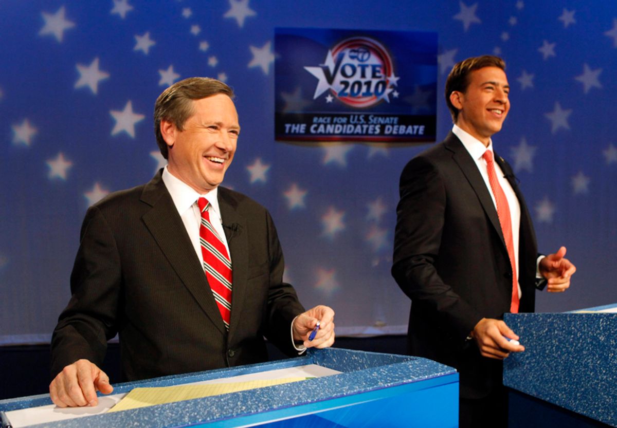 Illinois U.S. Senate candidates Republican Mark Kirk, left, and Democrat Alexi Giannoulias share a laugh before a televised Illinois Senate debate on Tuesday, Oct. 19, 2010 in Chicago. (AP Photo/Charles Rex Arbogast)    (Charles Rex Arbogast)