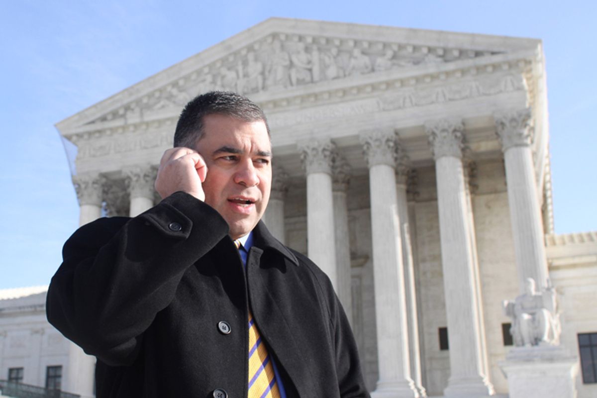 Citizens United President David Bossie talks on his cell phone outside the Supreme Court on Jan. 21, 2010, after the Supreme Court ruled on a campaign finance reform case. 