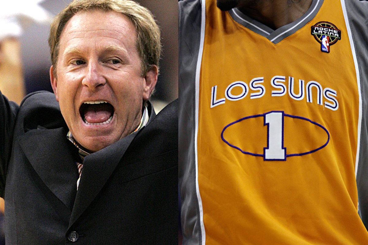 Phoenix Suns owner Robert Sarver, left, and Amare Stoudemire's "Los Suns" jersey during an NBA playoff game on May 5.