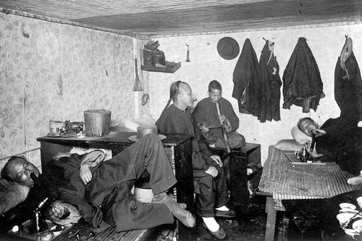 An opium den in a San Francisco boarding house during the late 19th century.  