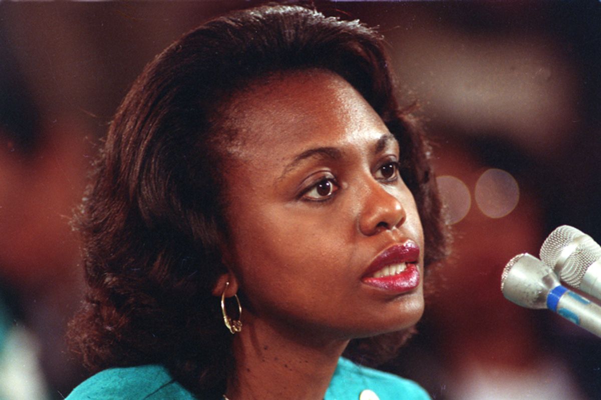 ** FILE**University of Oklahoma law professor Anita Hill testifies before the Senate Judiciary Committee on the nomination of Clarence Thomas to the Supreme Court on Capitol Hill in Washington, D.C., in this Oct. 11, 1991 file photo. Thrust briefly back in the spotlight by biting words in Thomas' new book, Hill now is trying to answer this question: Have things gotten better for women in the workplace? (AP Photo/John Duricka, file)  (John Duricka)