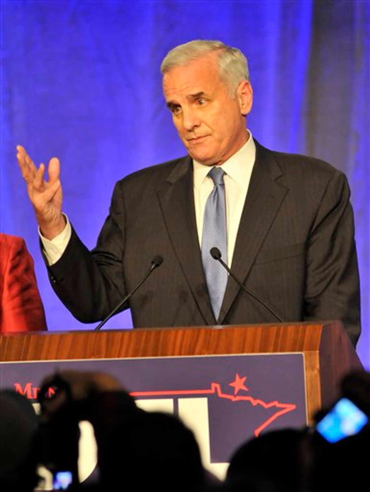 Minnesota Democratic gubernatorial candidate Mark Dayton addresses his supporters as he awaited the outcome of his race at his election night rally early Wednesday, Nov. 3, 2010 in Minneapolis. (AP Photo/Jim Mone) (AP)