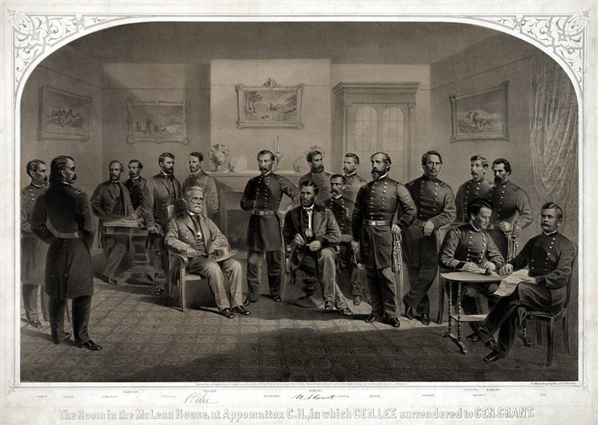 Gen. Robert E. Lee’s surrender to Lt. Gen. Ulysses S. Grant at Appomattox on April 9, 1865