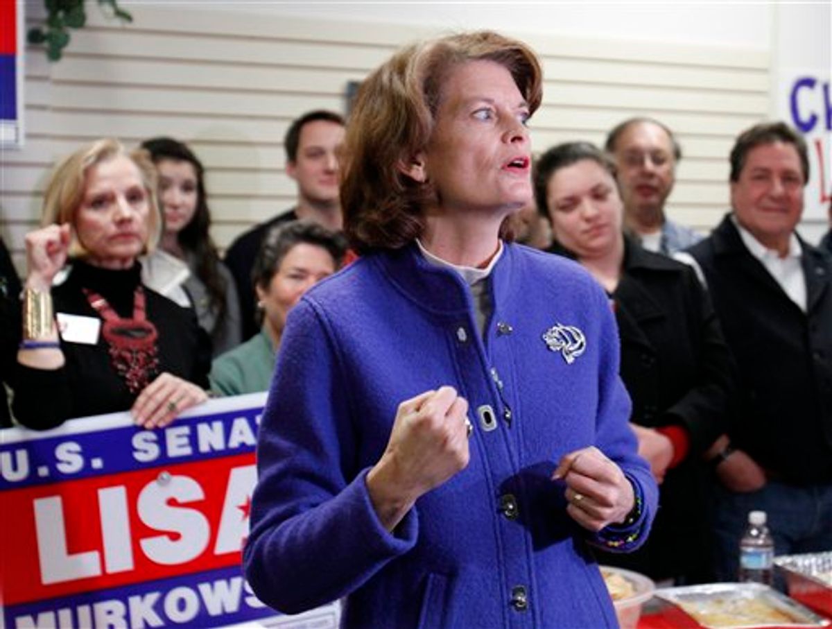 Senator Lisa Murkowski (R) Alaska, gestures during a rally at her campaign headquarters Monday, Nov. 1, 2010, in Anchorage,  Alaska. (AP Photo/Ben Margot) (AP)