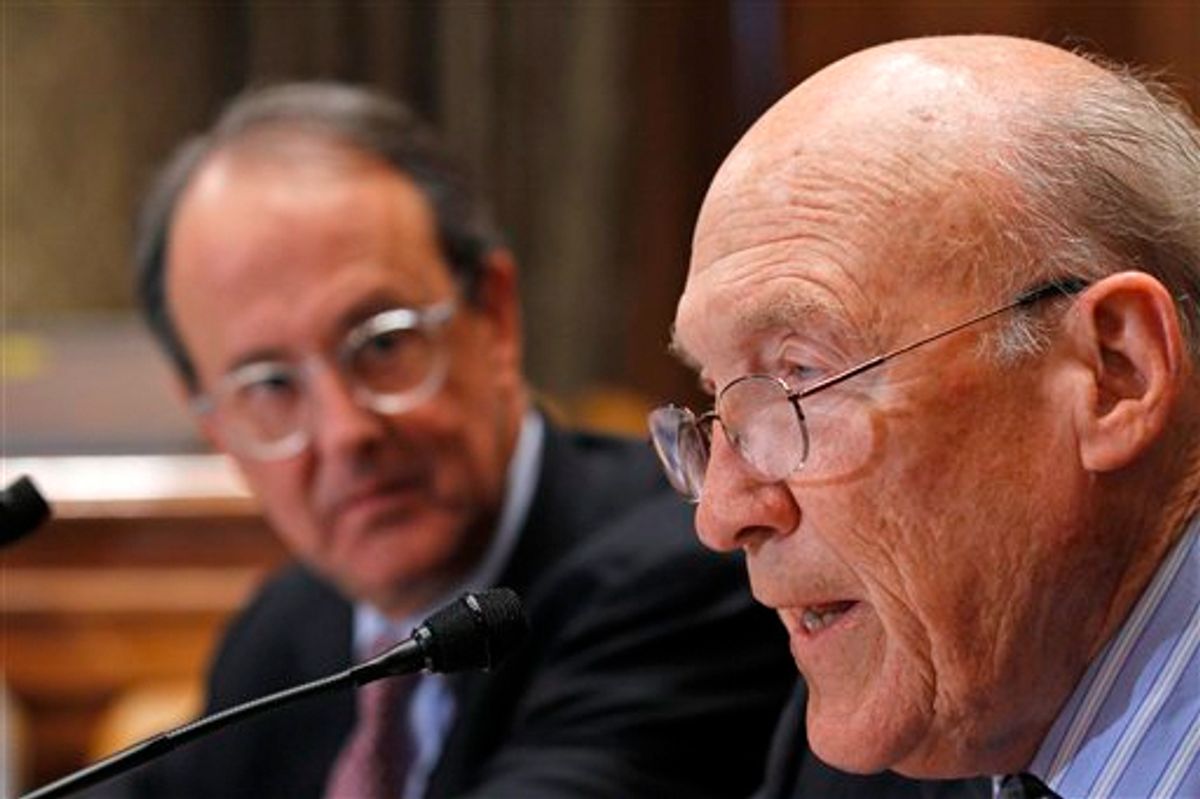 Former Wyoming Sen. Alan Simpson, co-chairman of President Barack Obama's bipartisan deficit commission (with Erskine Bowles in back), take part in a news conference on Capitol Hill in Washington Wednesday, Nov. 10, 2010.