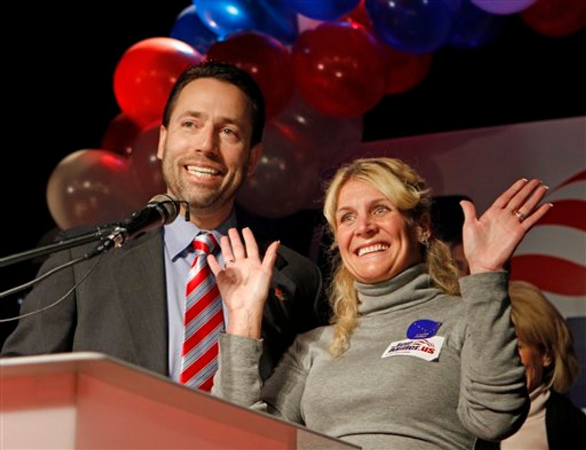 Republican candidate for United States Senate Joe Miller and his wife Kathleen greet supporters Tuesday, Nov. 2, 2010, in Anchorage, Alaska. (AP Photo/Ben Margot)   (AP)