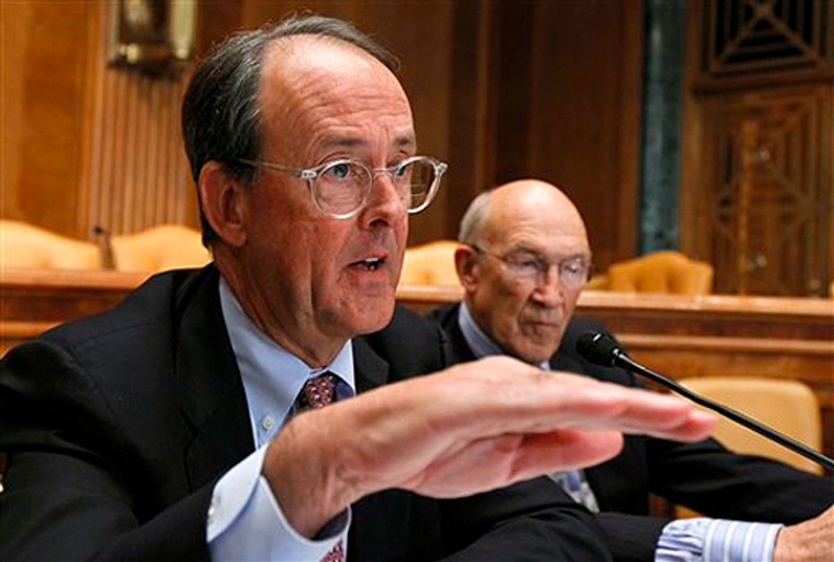 Erskine Bowles, left, accompanied by former Wyoming Sen. Alan Simpson, co-chairmen of President Barack Obama's bipartisan deficit commission.
