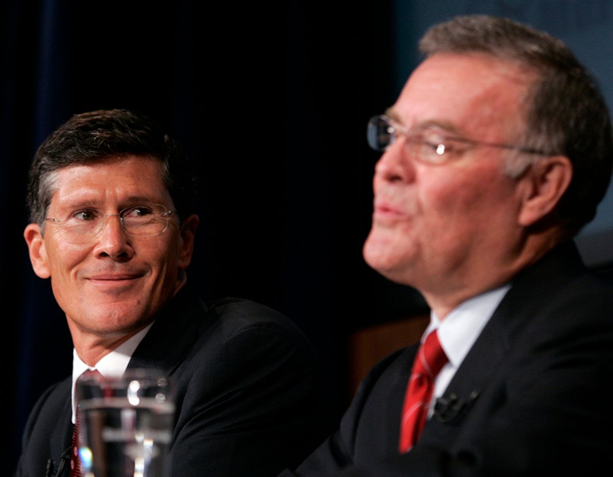 John Thain (L), chairman and CEO of Merrill Lynch & Co, smiles as Bank of America Corp Chairman and CEO Kenneth Lewis speaks during a news conference announcing Bank of America Corporation's acquisition of Merril Lynch in a $50 billion all-stock transaction in New York September 15, 2008. Bank of America Corp's planned $50 billion acquisition of Merrill Lynch & Co would create the world's second-largest bank by market value, after Industrial & Commercial Bank of China, and combine the largest U.S. consumer bank with one of the largest U.S. investment banks and the leading retail brokerage force. REUTERS/Shannon Stapleton (UNITED STATES)         (Â© Shannon Stapleton / Reuters)
