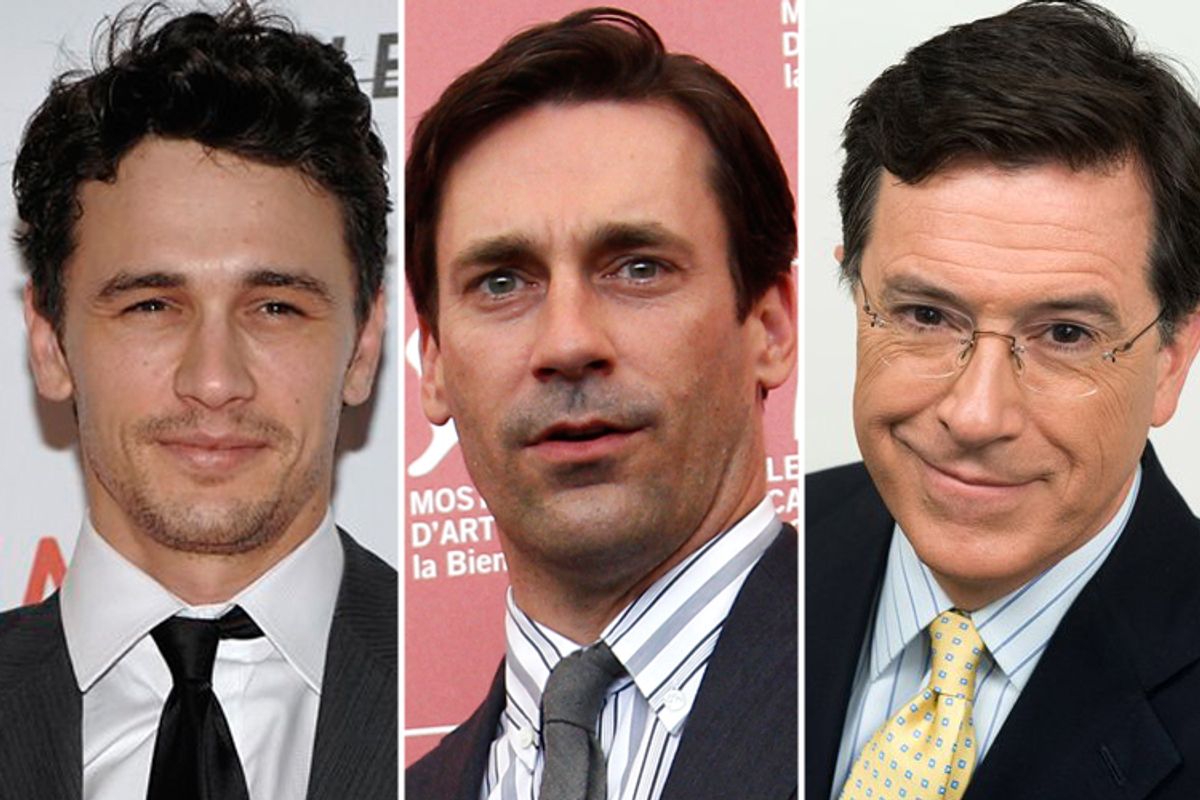 Former winners of Salon's "Sexiest Man Living!" feature, Jon Hamm and Stephen Colbert.    