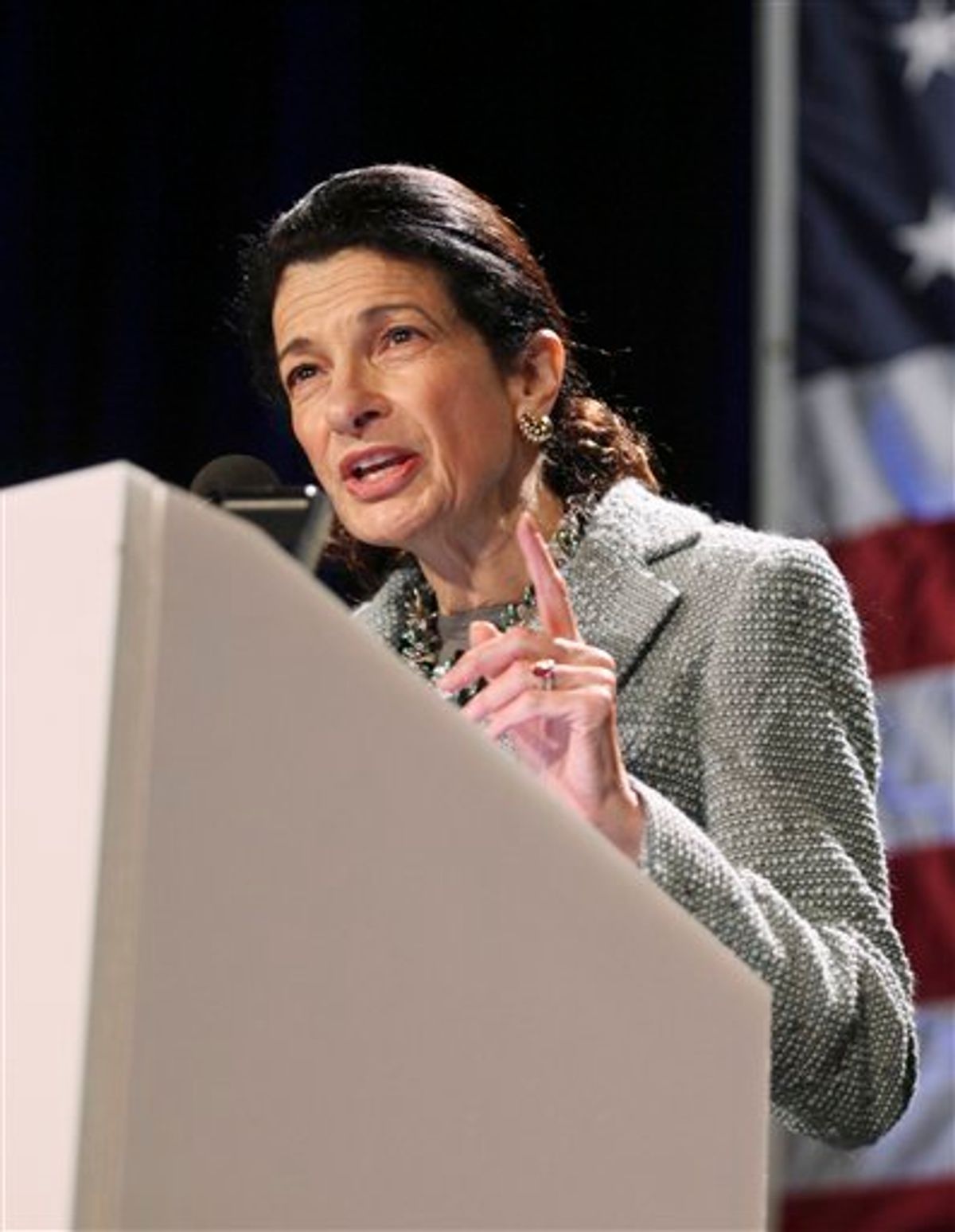 FILE- In this May 7, 2010 file photo, Sen. Olympia Snowe, R-Maine, speaks in Portland, Maine.  The government is expected to announce this week that more than 58 million Social Security recipients will go through another year without an increase in their monthly benefits. Snowe was the only Republican to support a second Social Security bonus payment, like the one-time $250 in 2009, when it became clear that seniors wouldn't get an increase in monthly benefit payments in 2010; the bill died from lack of support.   (AP Photo/Joel Page, File) (AP)