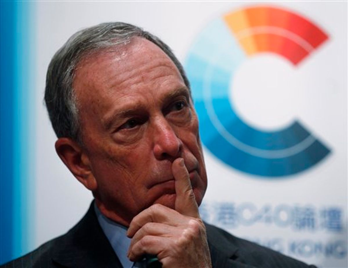 New York City Mayor Michael Bloomberg attends a news conference in Hong Kong Friday, Nov. 5, 2010. Bloomberg has praised Chinese cities for taking part in a climate change coalition that he is set to lead, saying he is heartened that they are no longer blinded by the pursuit of economic growth.  (AP Photo/Kin Cheung) (AP)