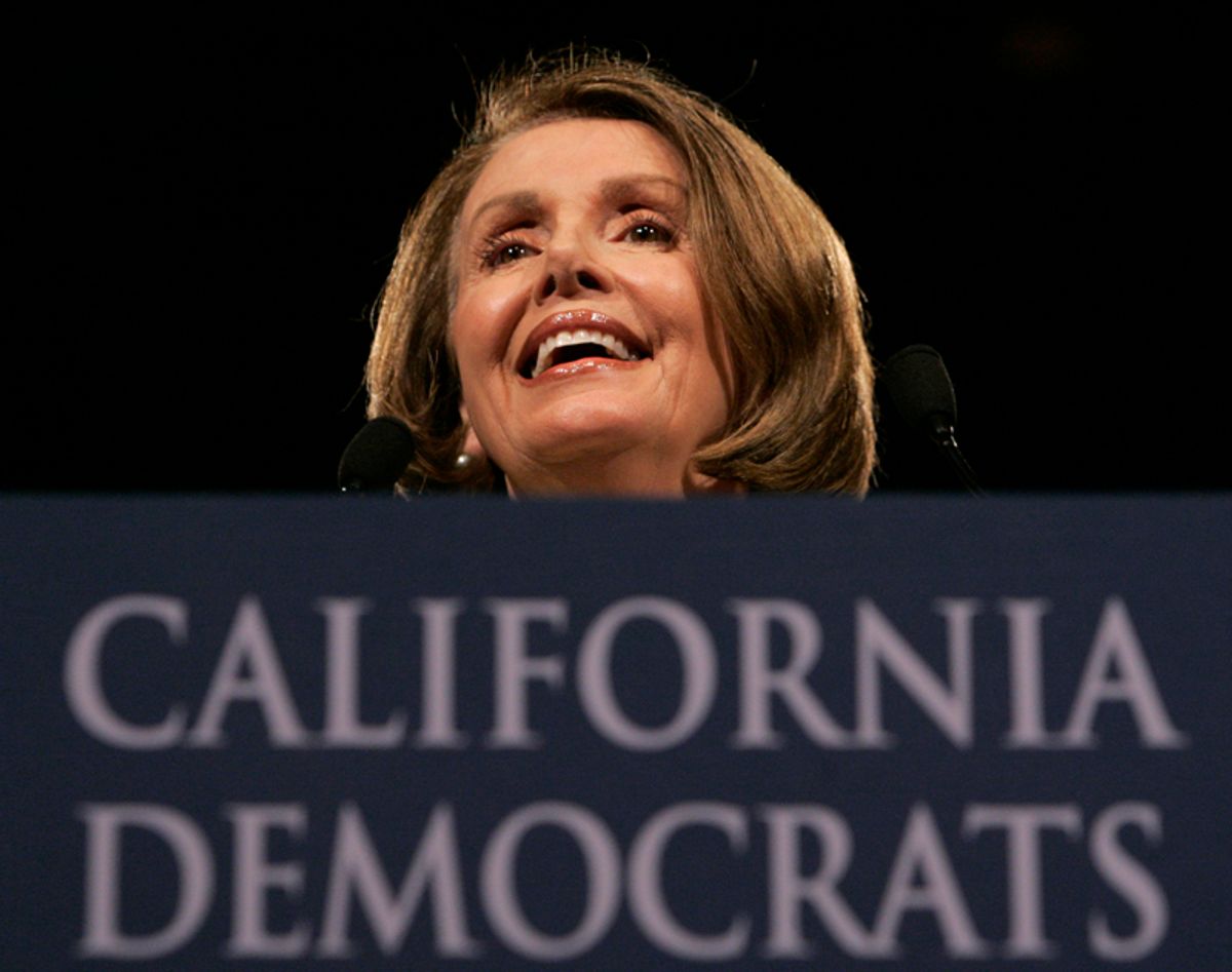House Speaker Nancy Pelosi, D-Calif., smiles as she addresses delegates at the California Democratic Party Convention in Sacramento, Calif., Saturday, April 25, 2009.(AP Photo/Rich Pedroncelli) (Rich Pedroncelli)