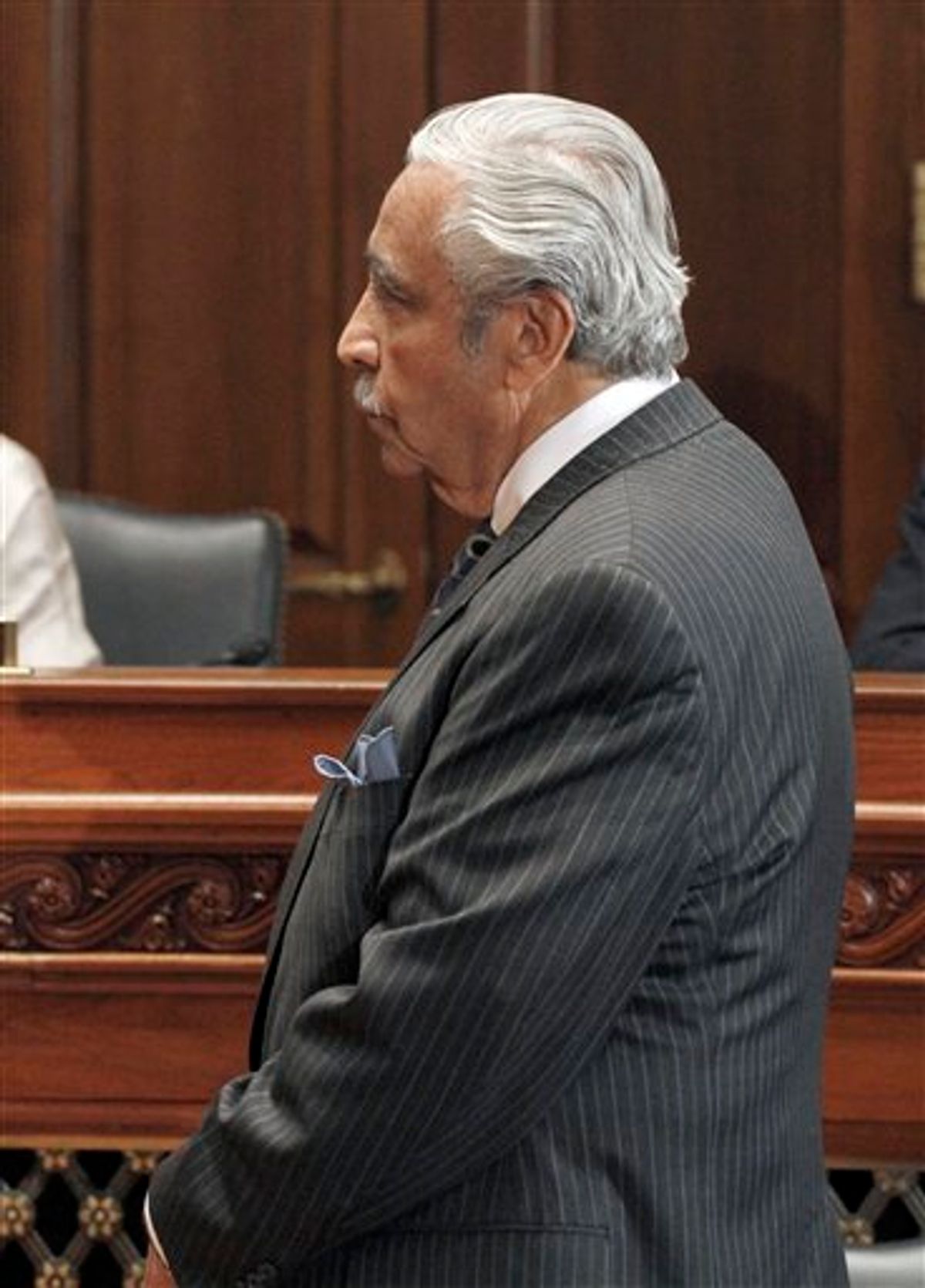 Rep. Charles Rangel, D-N.Y., listens to House ethics committee chairman Rep. Zoe Lofgren, D-Calif, on Capitol Hill in Washington, Thursday, Nov. 18, 2010. The committee recommended censure for Rangel, suggesting that the New York Democrat suffer the embarrassment of standing before his colleagues while receiving an oral rebuke by the speaker for financial and fundraising misconduct. (AP Photo/Harry Hamburg) (AP)