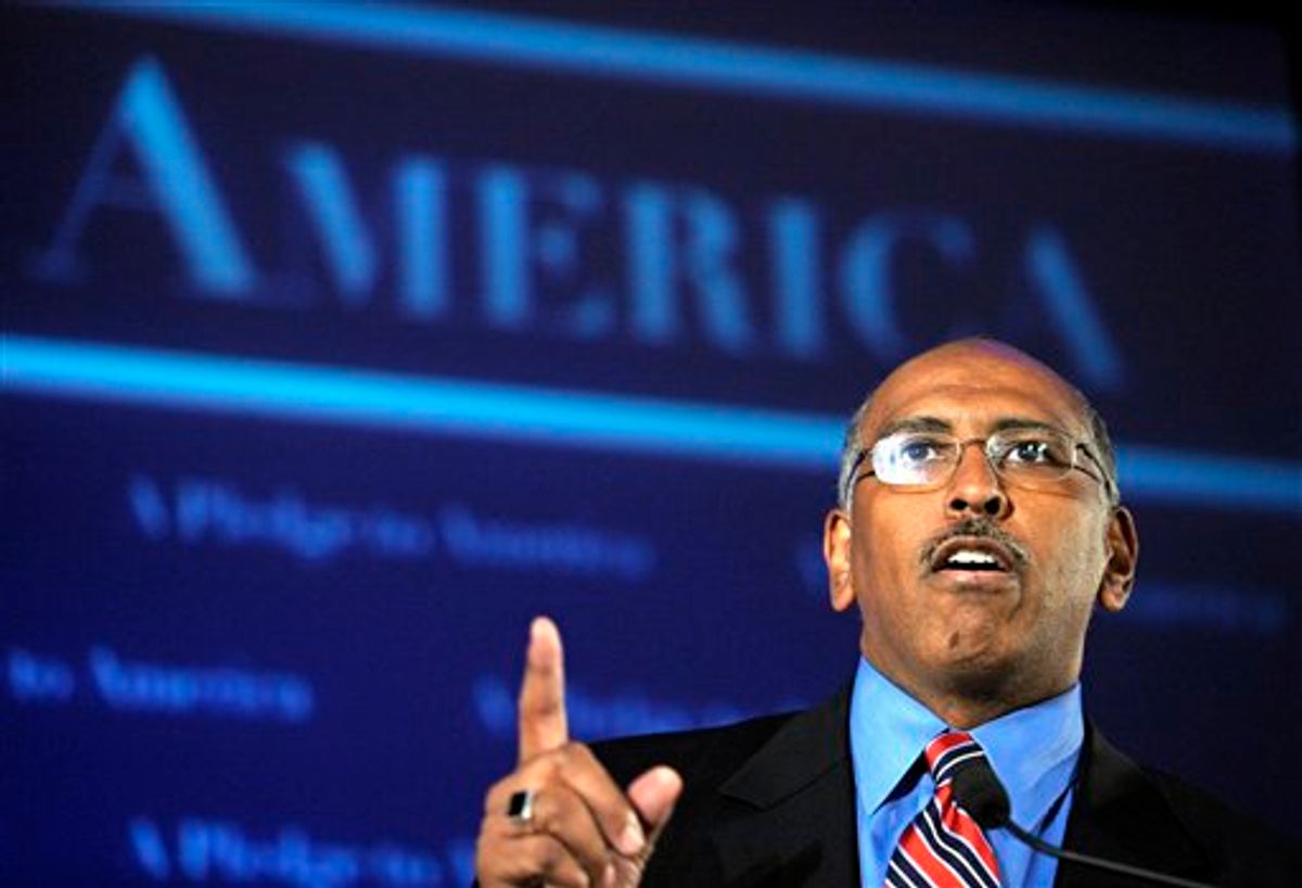 FILE - In this Nov. 2, 2010 file photo, Republican National Committee Chairman Michael Steele speaks during an election night gathering hosted by the National Republican Congressional Committee, in Washington. GOP activists are making an aggressive push to recruit a challenger to Steele, whose tenure as the central party's chief has been pocked with controversy and has been a period that some leaders are eager to put behind them. (AP Photo/Cliff Owen) (AP)