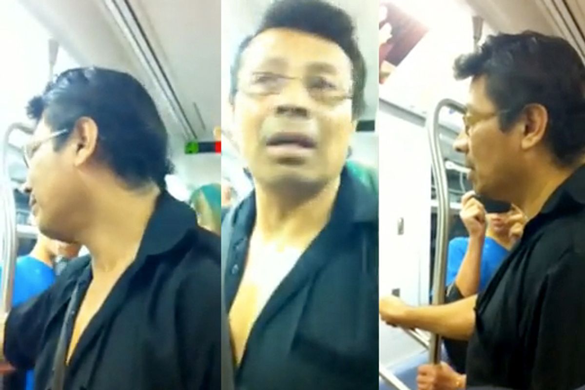 Stills from a video of a woman confronting a subway flasher 