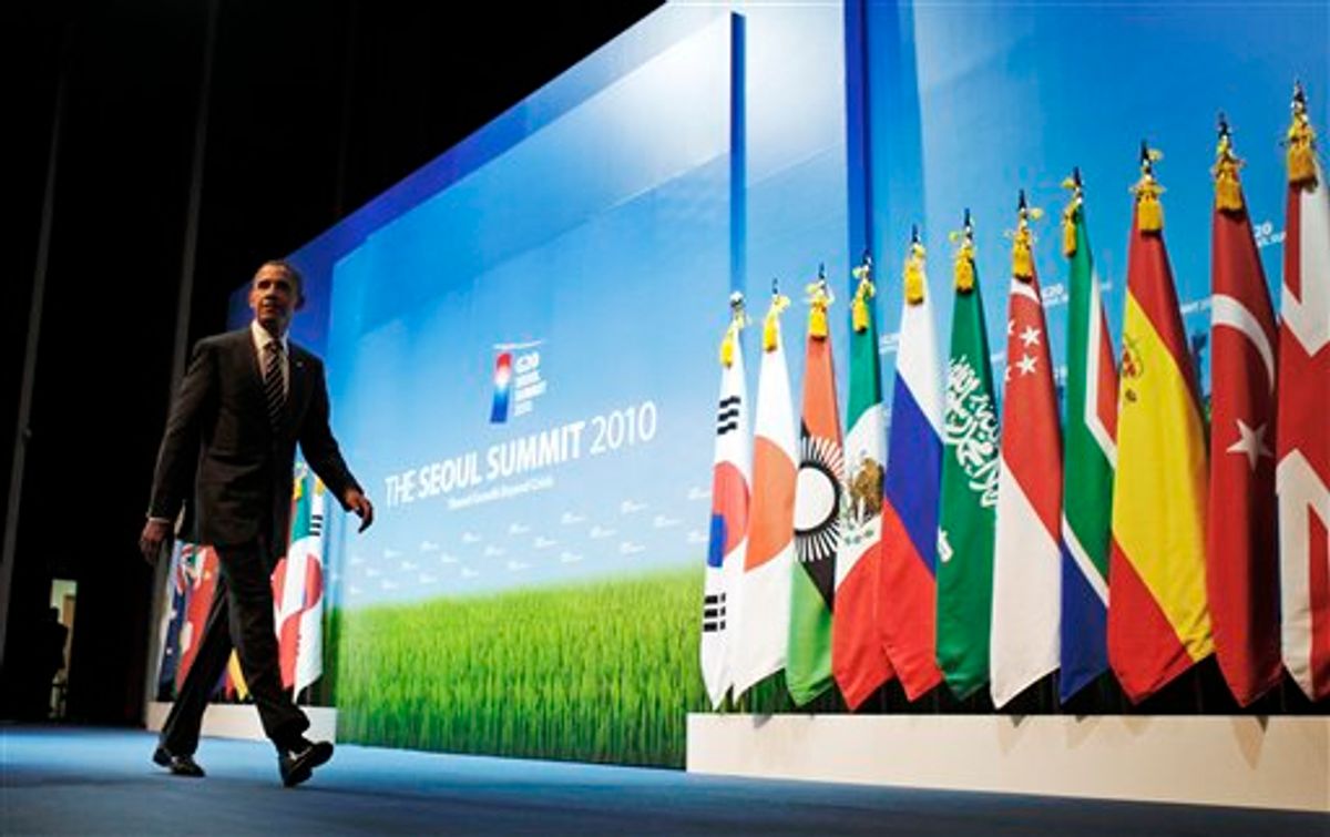 President Barack Obama leaves the stage after a news conference at the G-20 summit in Seoul, South Korea, Friday, Nov. 12, 2010. (AP Photo/Charles Dharapak) (AP)