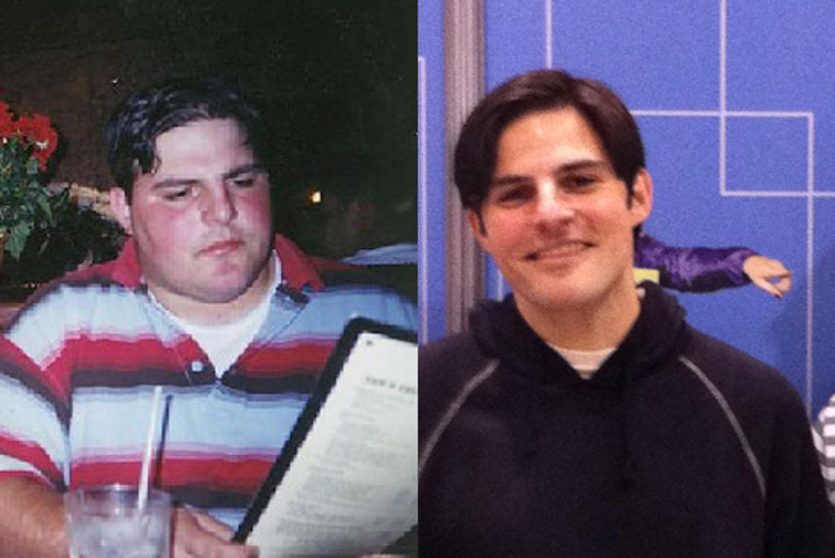 Joe Berkowitz, before losing weight (left) and at the New York Marathon Expo the Friday before the race.